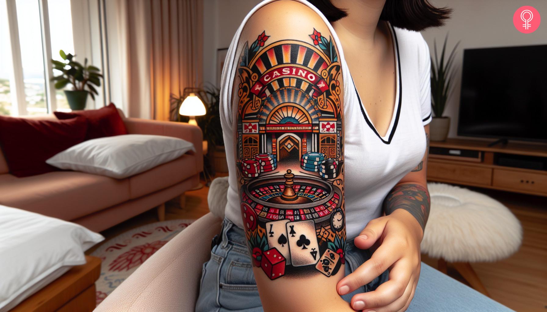 A woman with a gambling casino tattoo