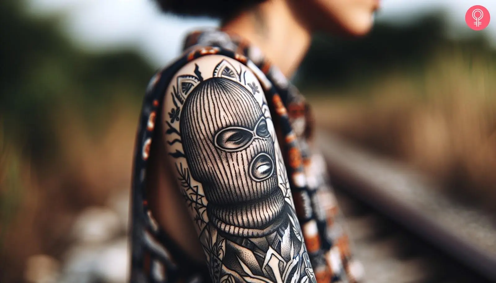 A woman with a gangster ski mask tattoo on her upper arm