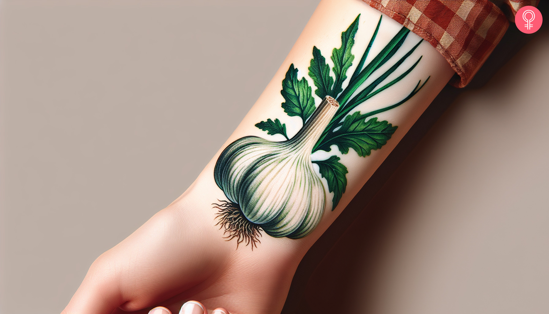 A woman with a garlic bulb tattoo on her wrist