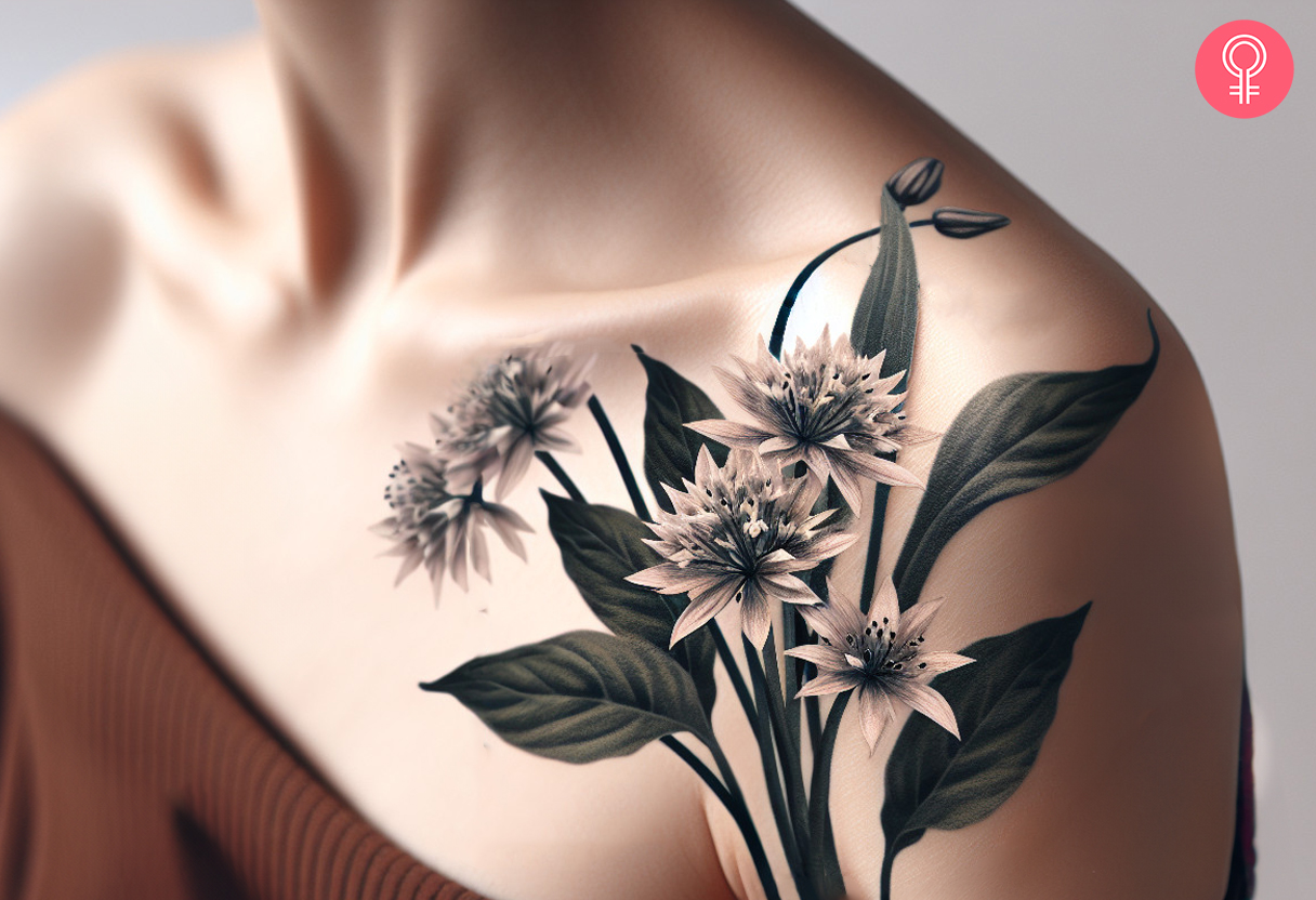 A woman with a garlic flower tattoo on her shoulder