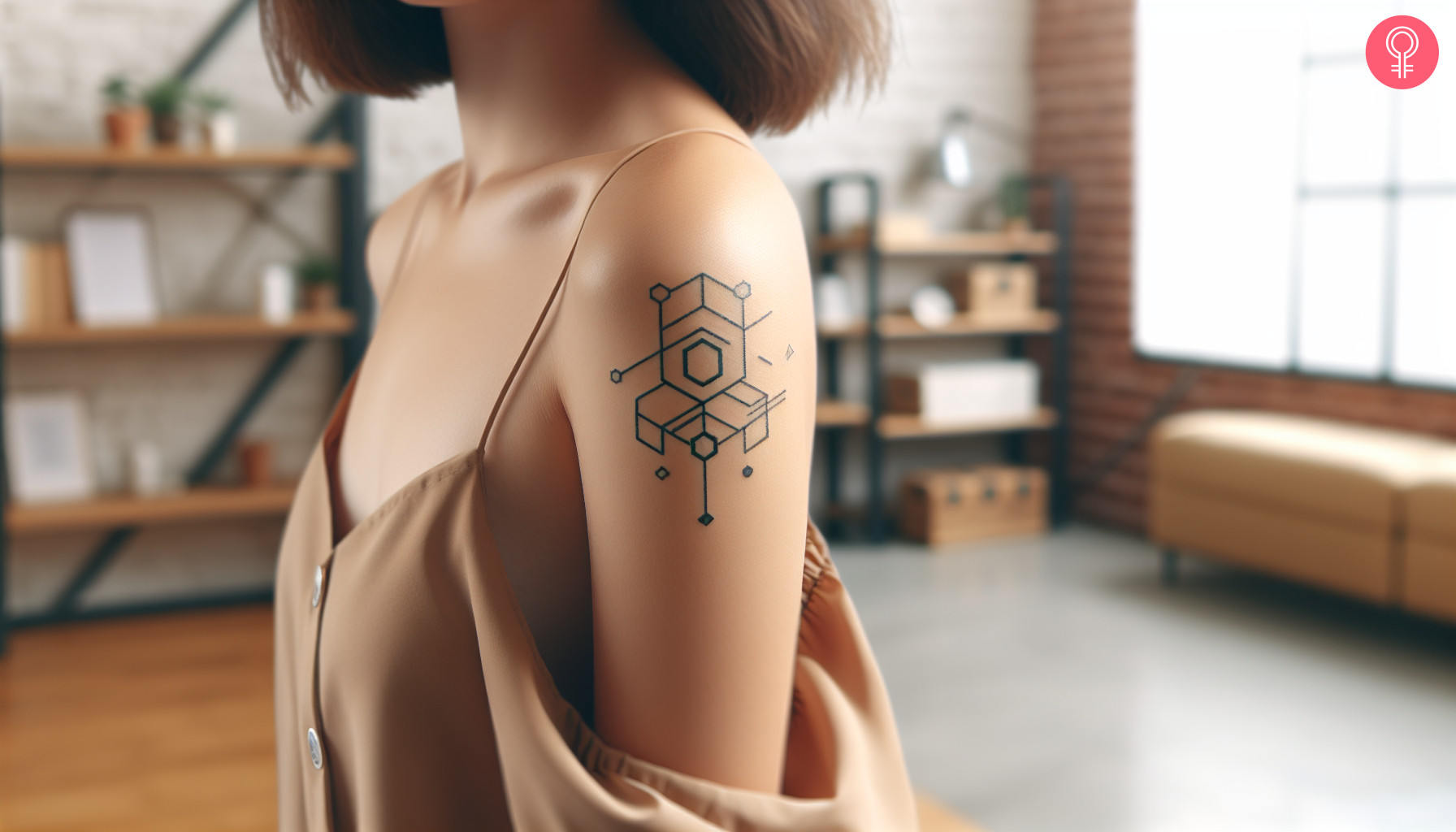 A woman with a geometric engineering tattoo on her upper arm