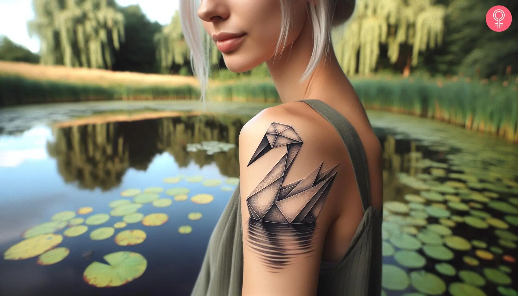 A woman with a geometric goose tattoo on her upper arm