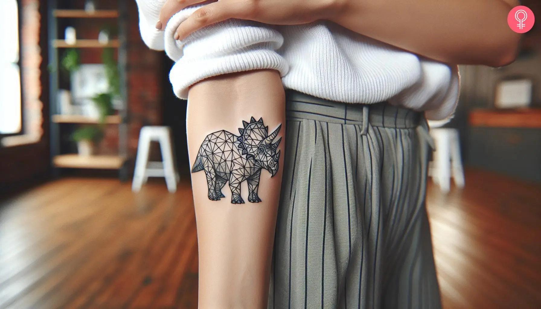 A woman with a geometric triceratops tattoo on the forearm