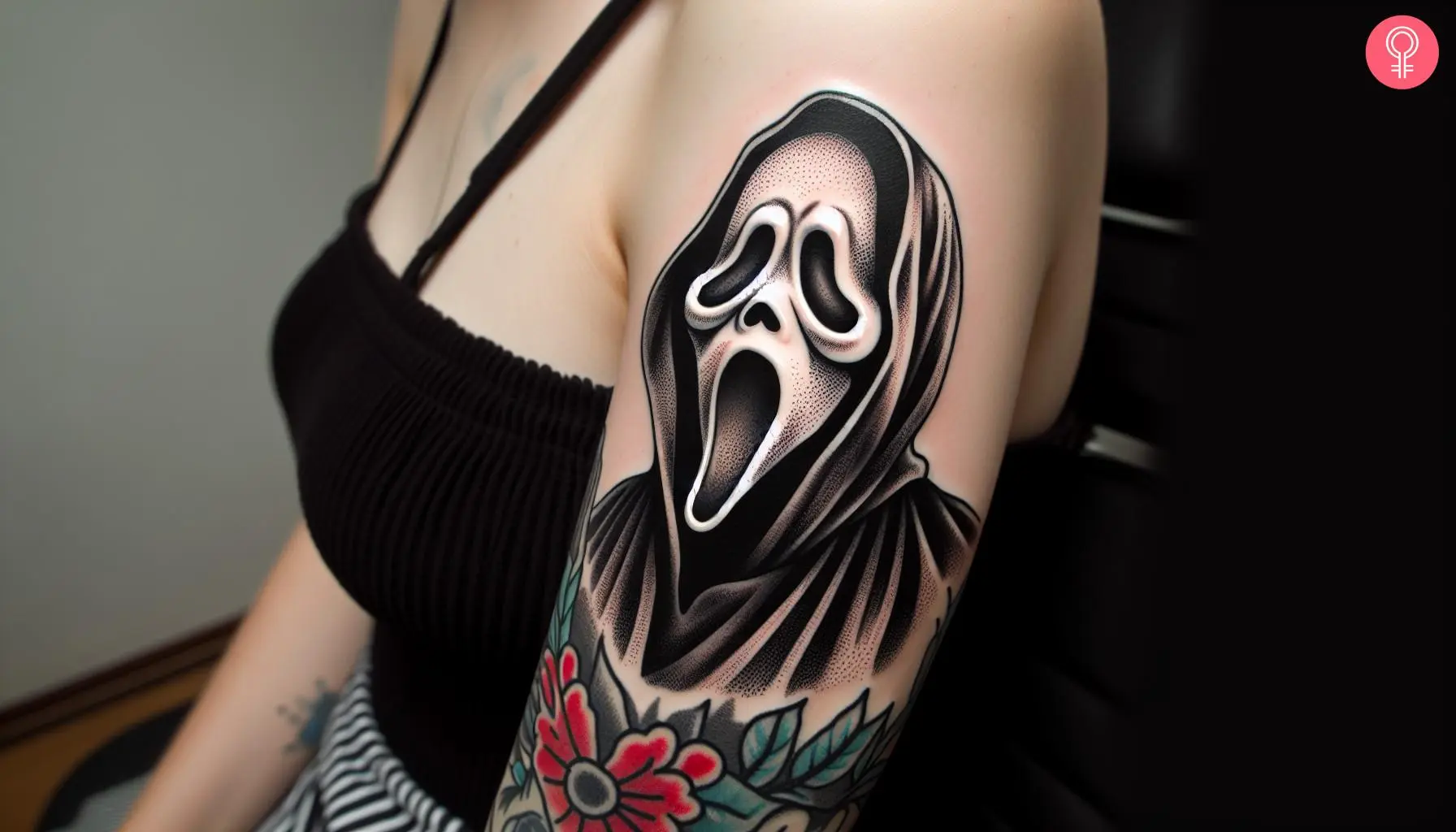 A woman with a ghost face tattoo on her upper arm