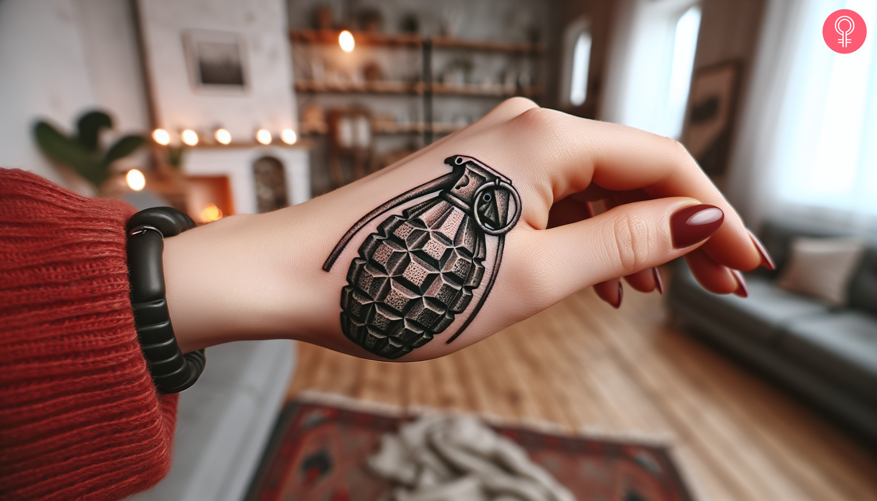 A woman with a grenade tattoo on her hand