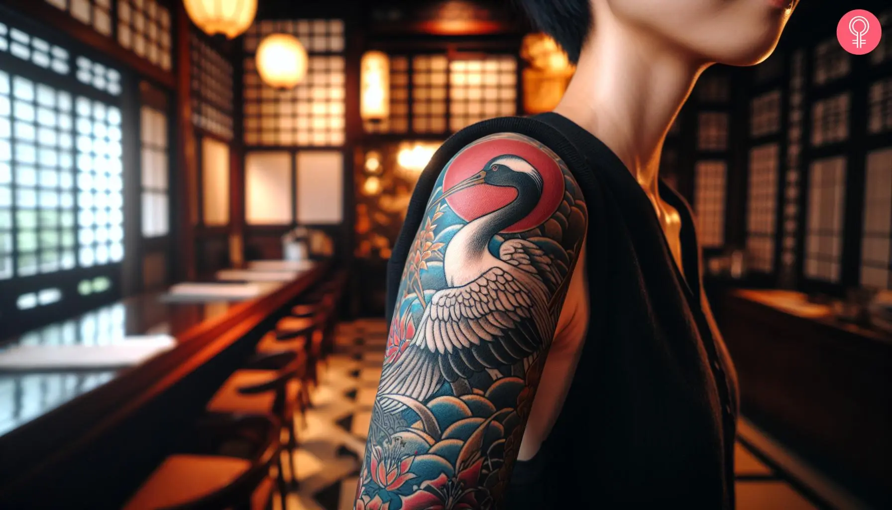 A woman with a half sleeve Japanese crane tattoo