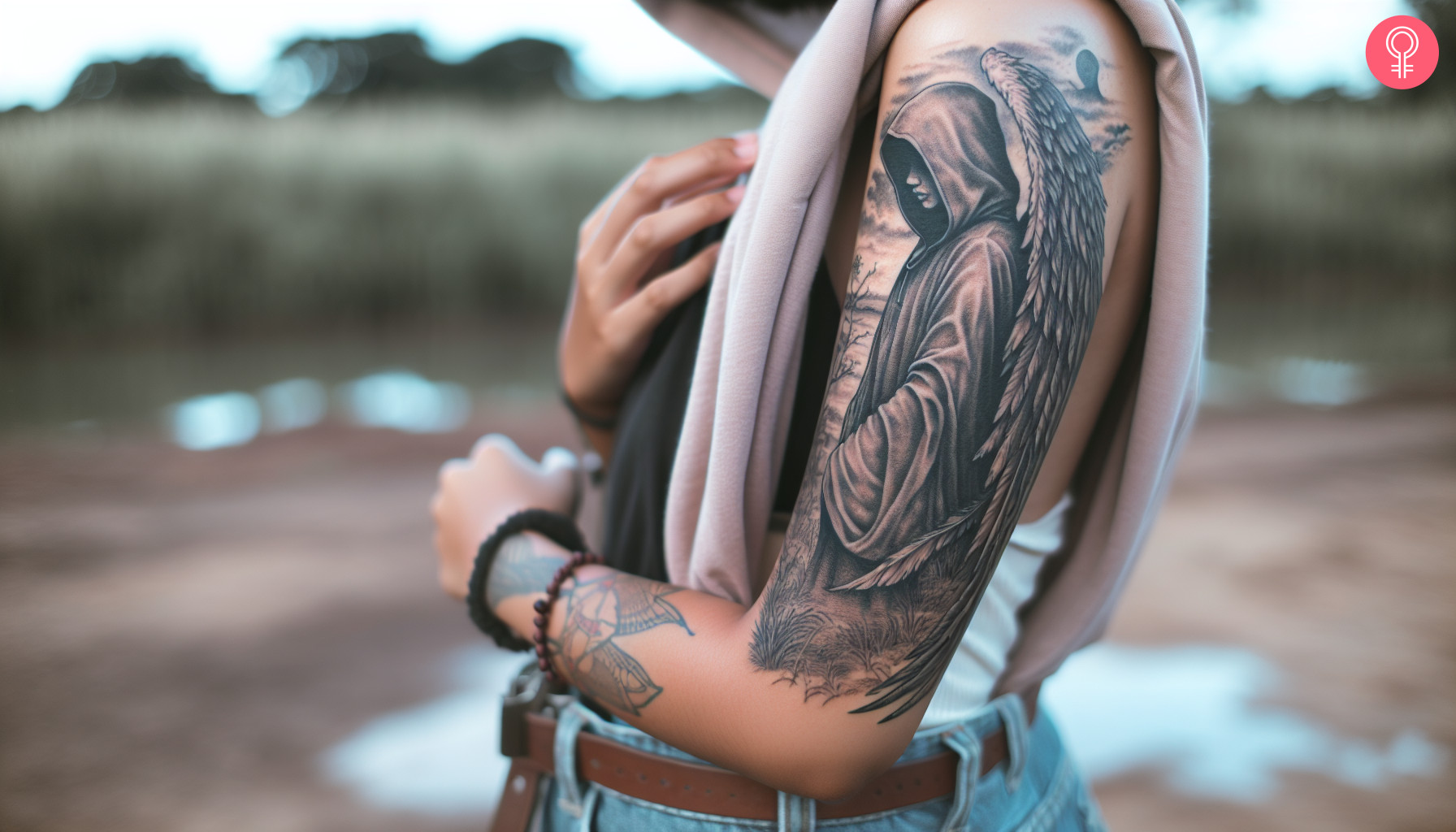 A woman with a hooded angel tattoo on her arm