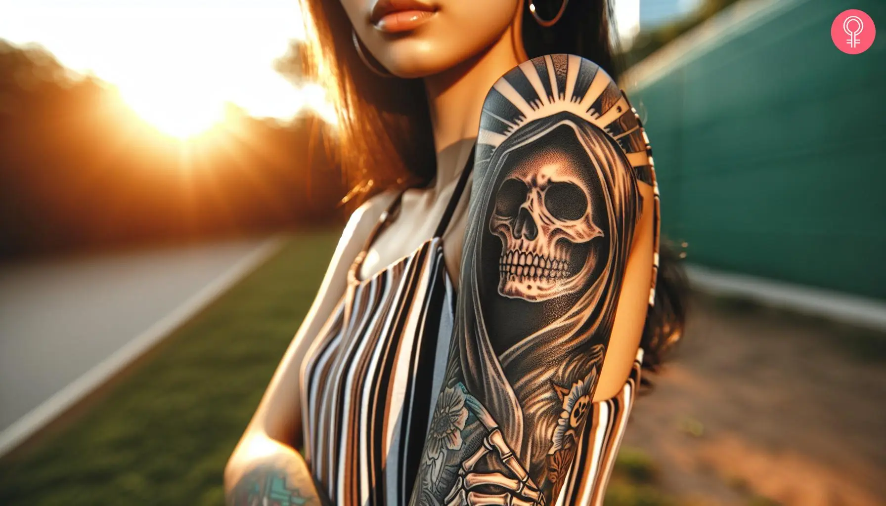 A woman with a hooded grim reaper tattoo on her arm