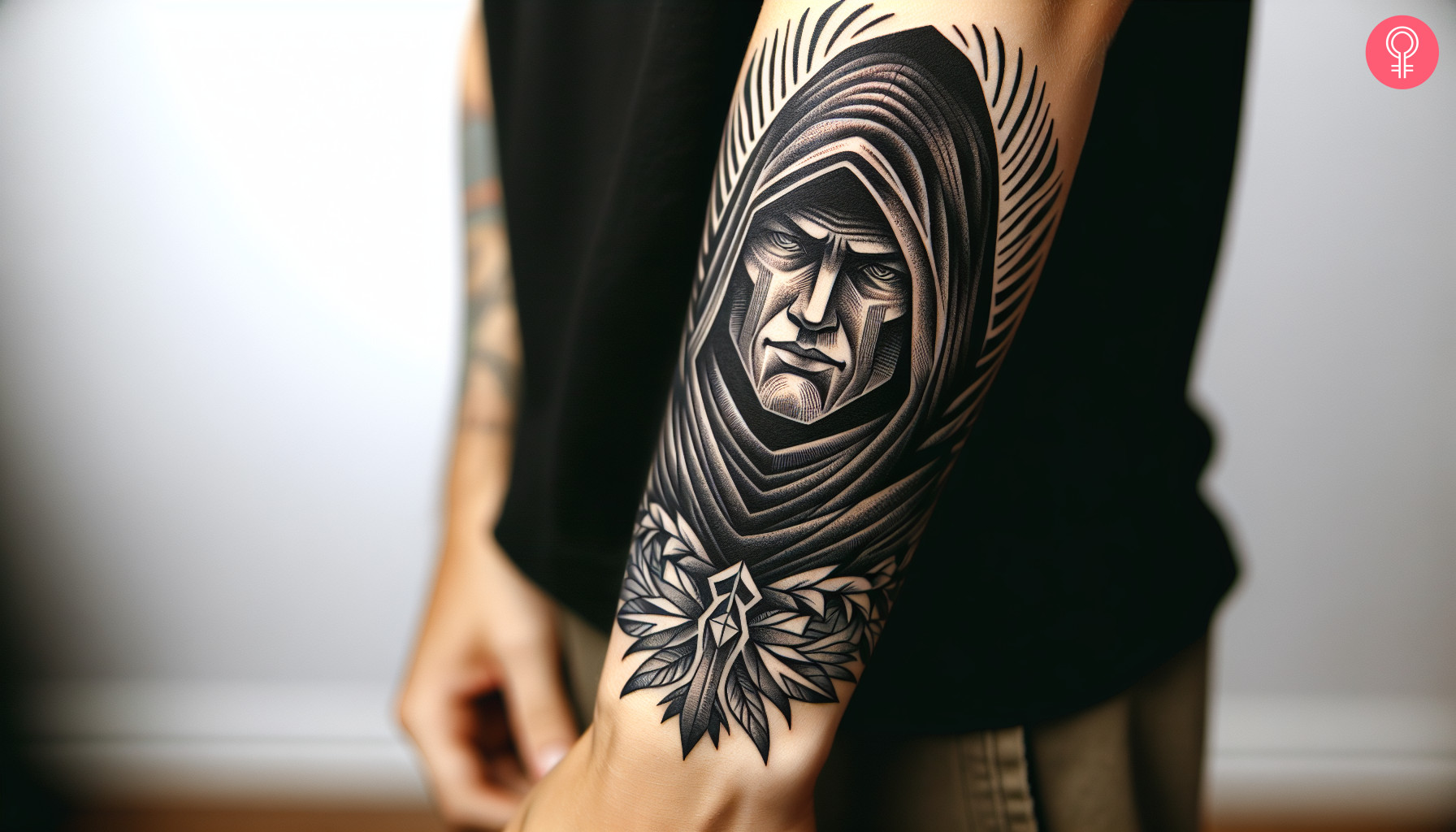 A woman with a hooded man tattoo on her arm