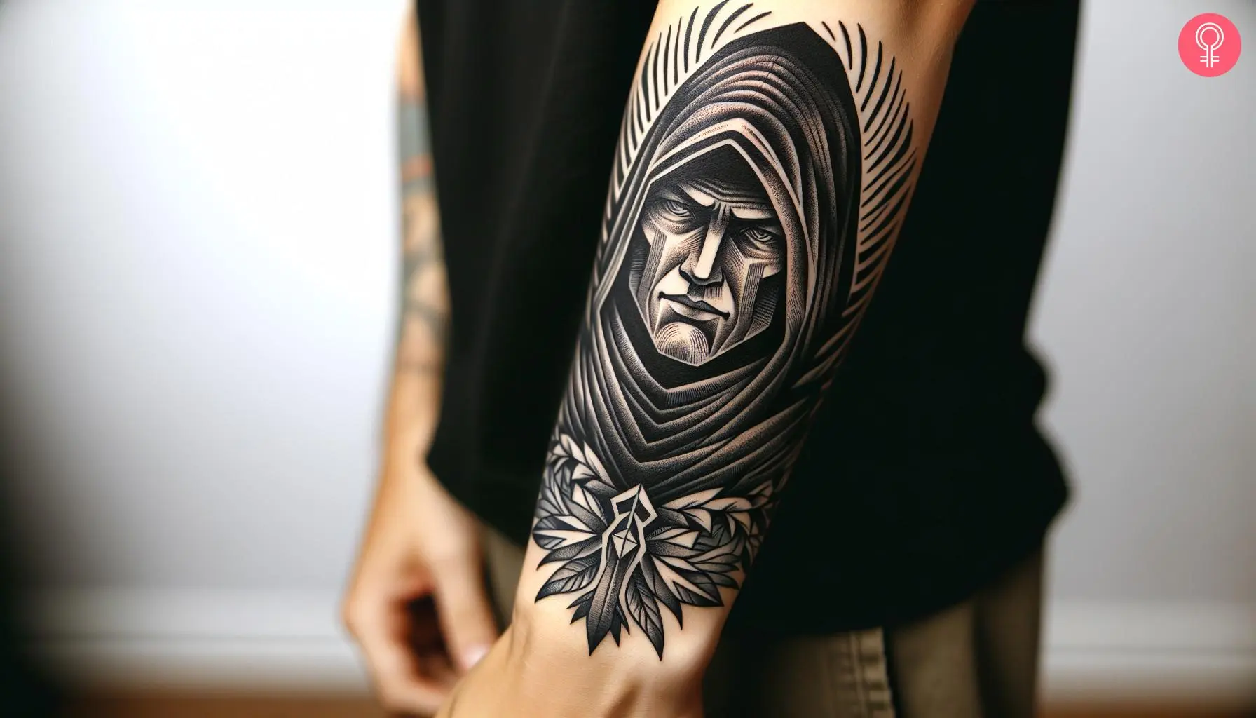 A woman with a hooded man tattoo on her arm