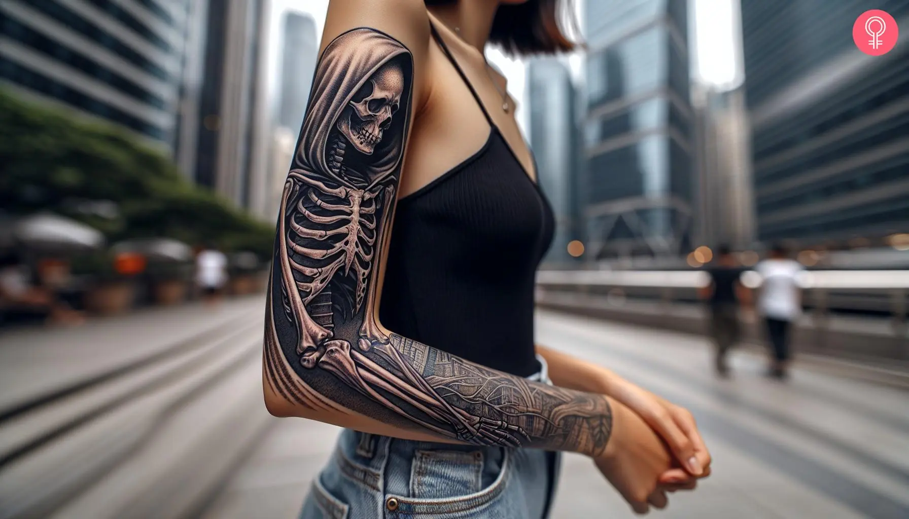 A woman with a hooded skeleton tattoo on her arm