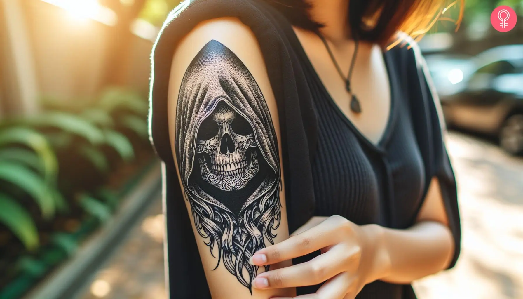 A woman with a hooded skull tattoo on her arm