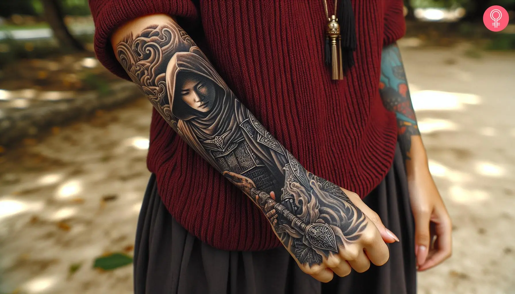 A woman with a hooded warrior tattoo on her arm