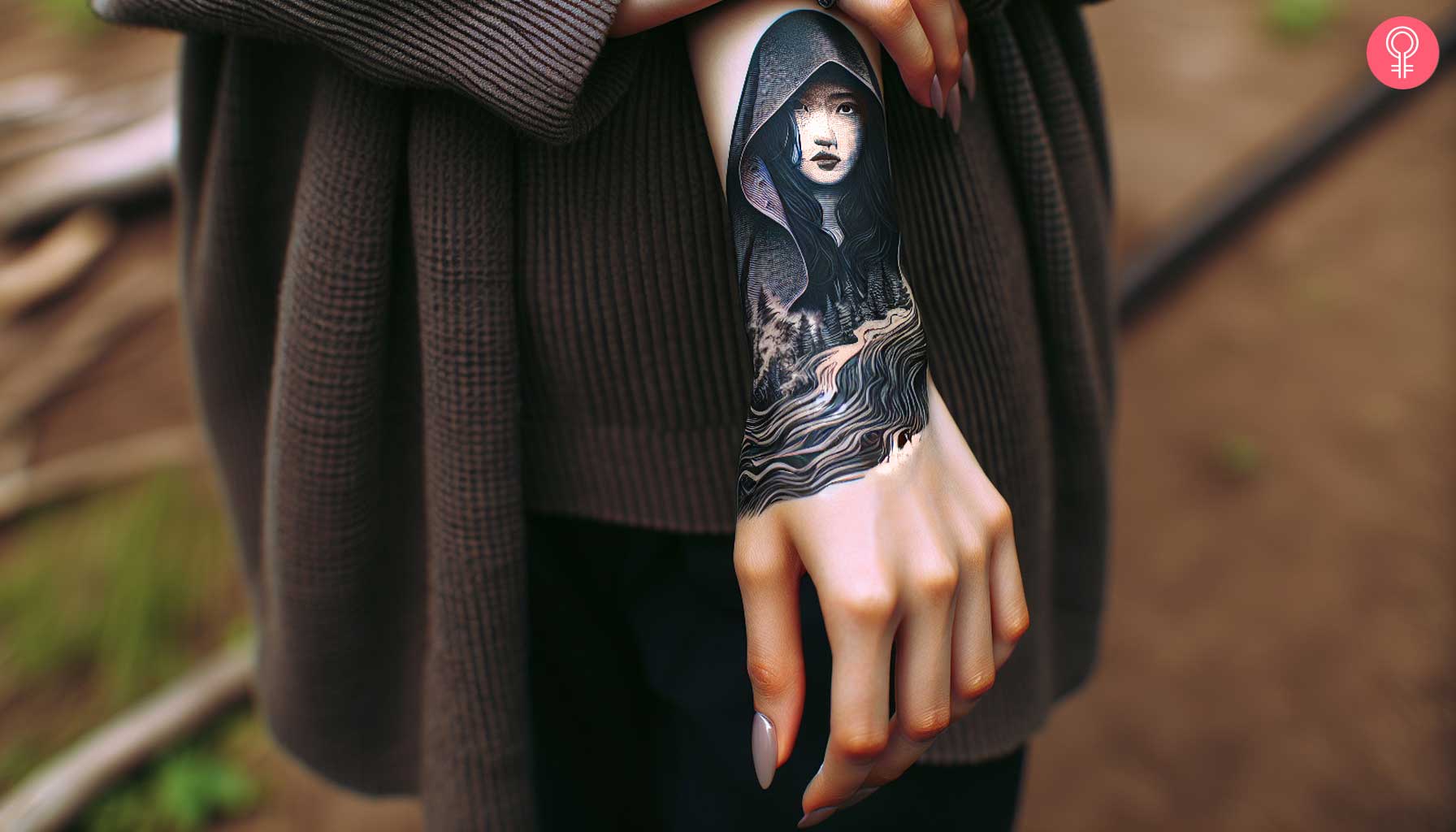 A woman with a hooded woman tattoo on her arm