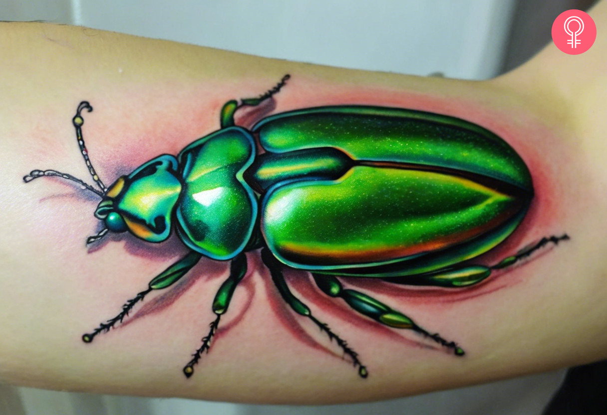 A woman with a jewel beetle tattoo on her arm