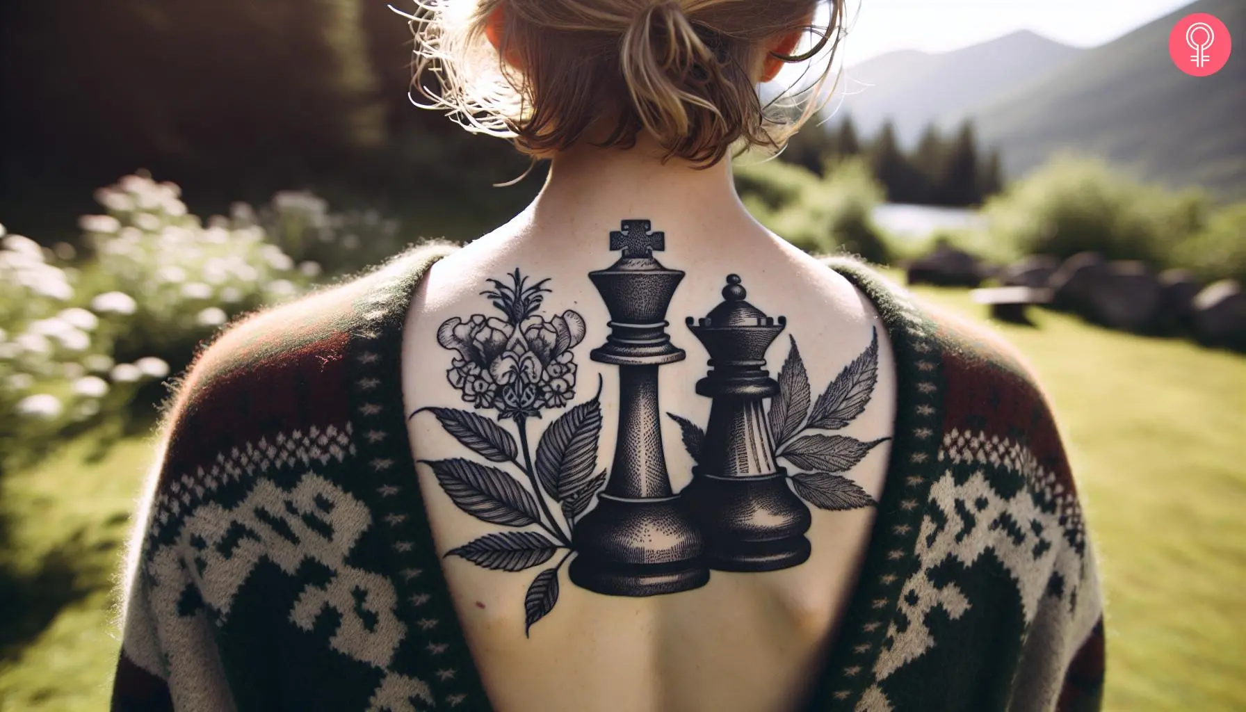 A woman with a king and queen chess piece tattooed on her back