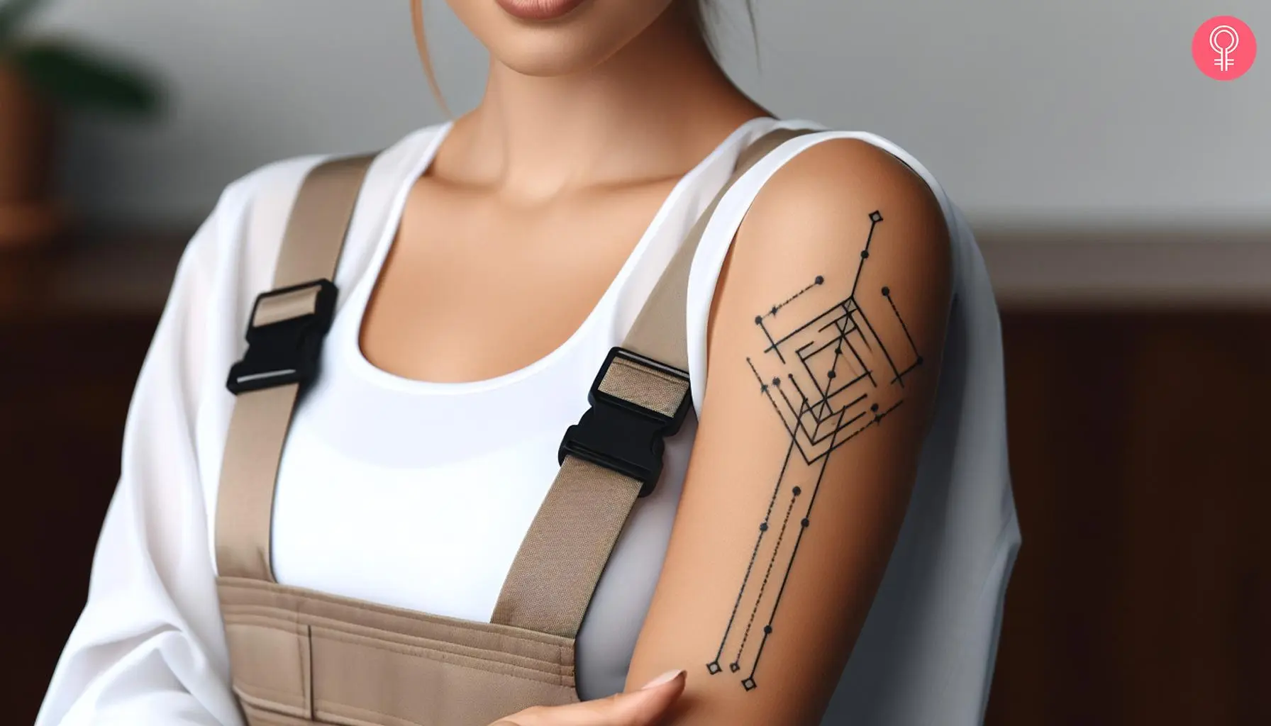 A woman with a line of symmetry engineering tattoo on her upper arm