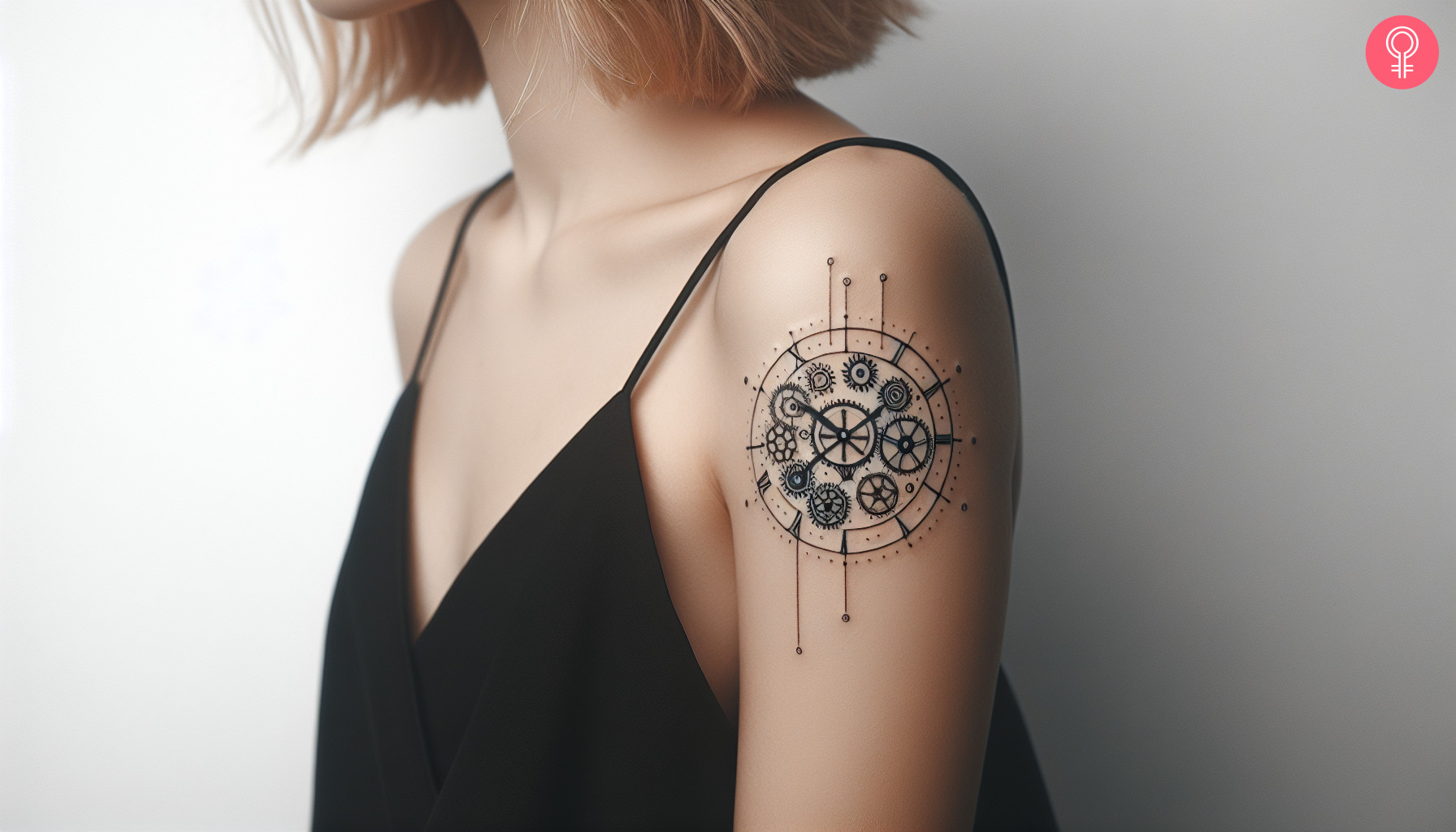 A woman with a mechanical clock engineering tattoo on her upper arm