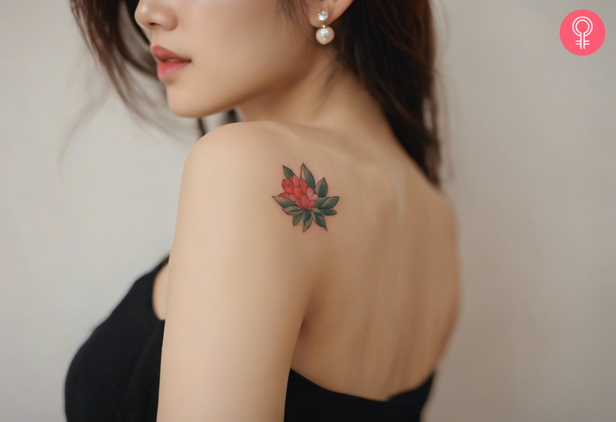 A woman with a minimalist Korean flower tattoo on her upper back