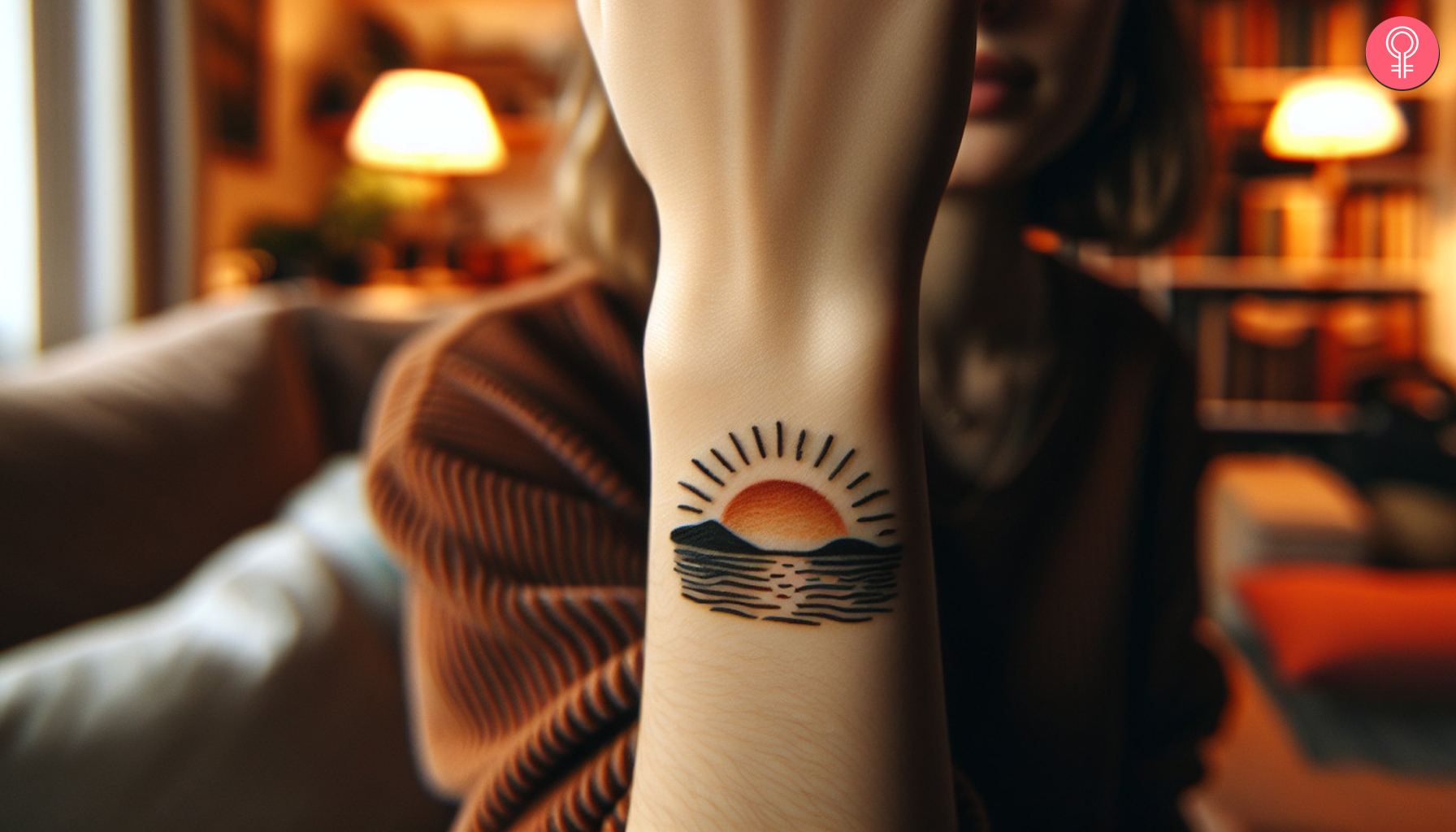 A woman with a minimalist beach sunset forearm tattoo