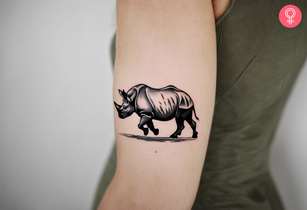 A woman with a minimalist black rhino tattoo on her upper arm