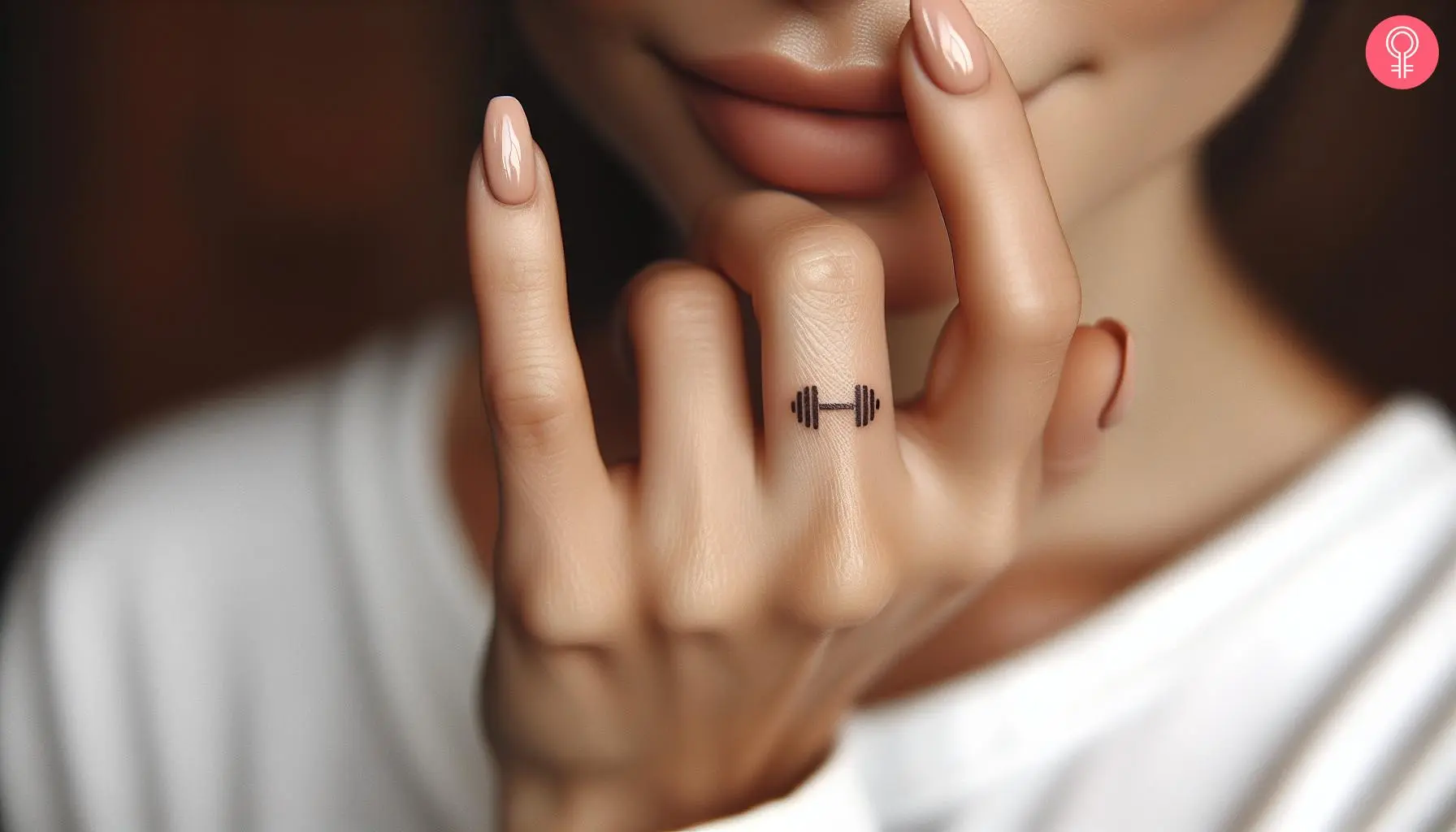 A woman with a minimalist dumbbell tattoo on her finger