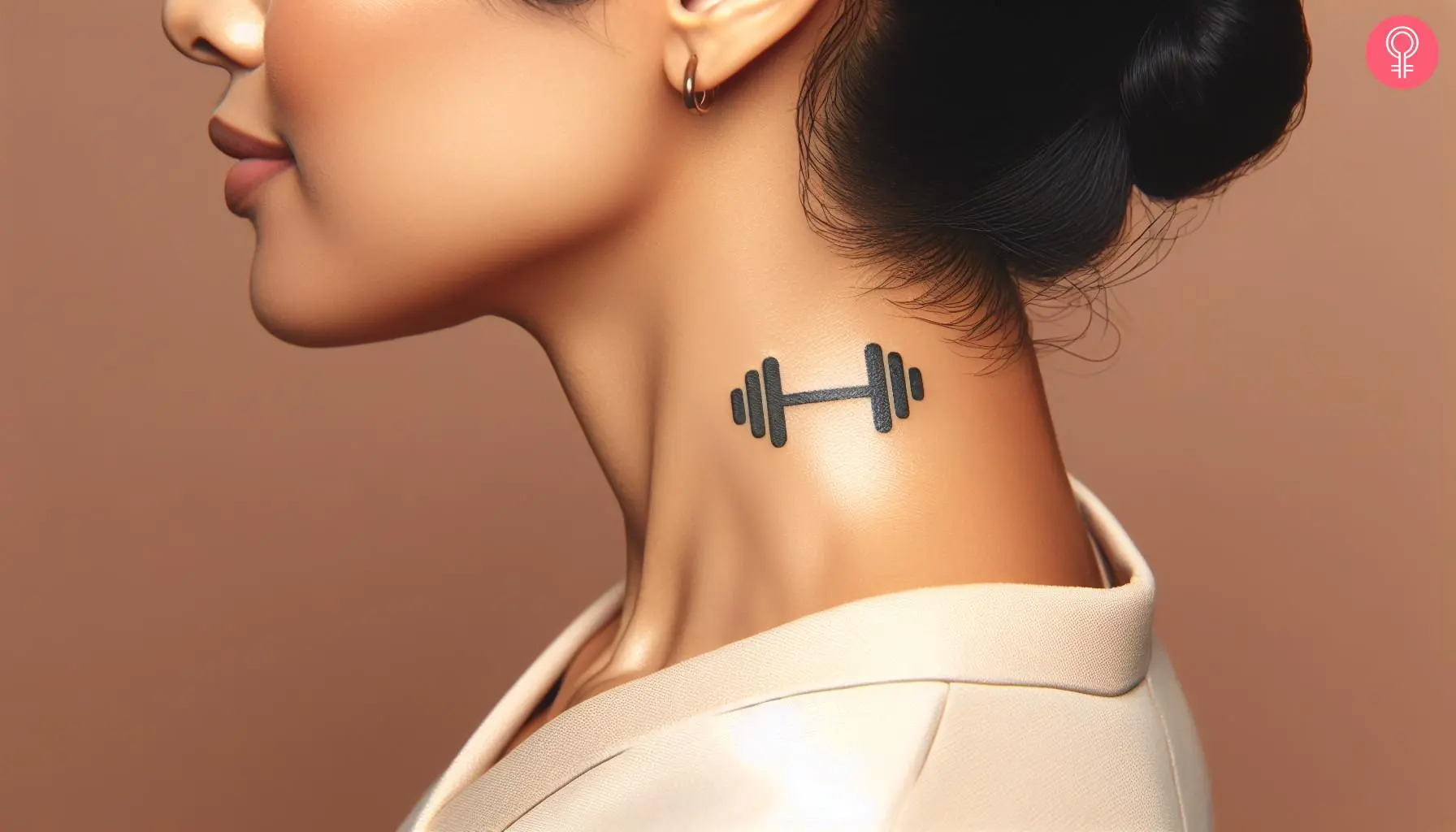 A woman with a minimalist dumbbell tattoo on the side of her neck