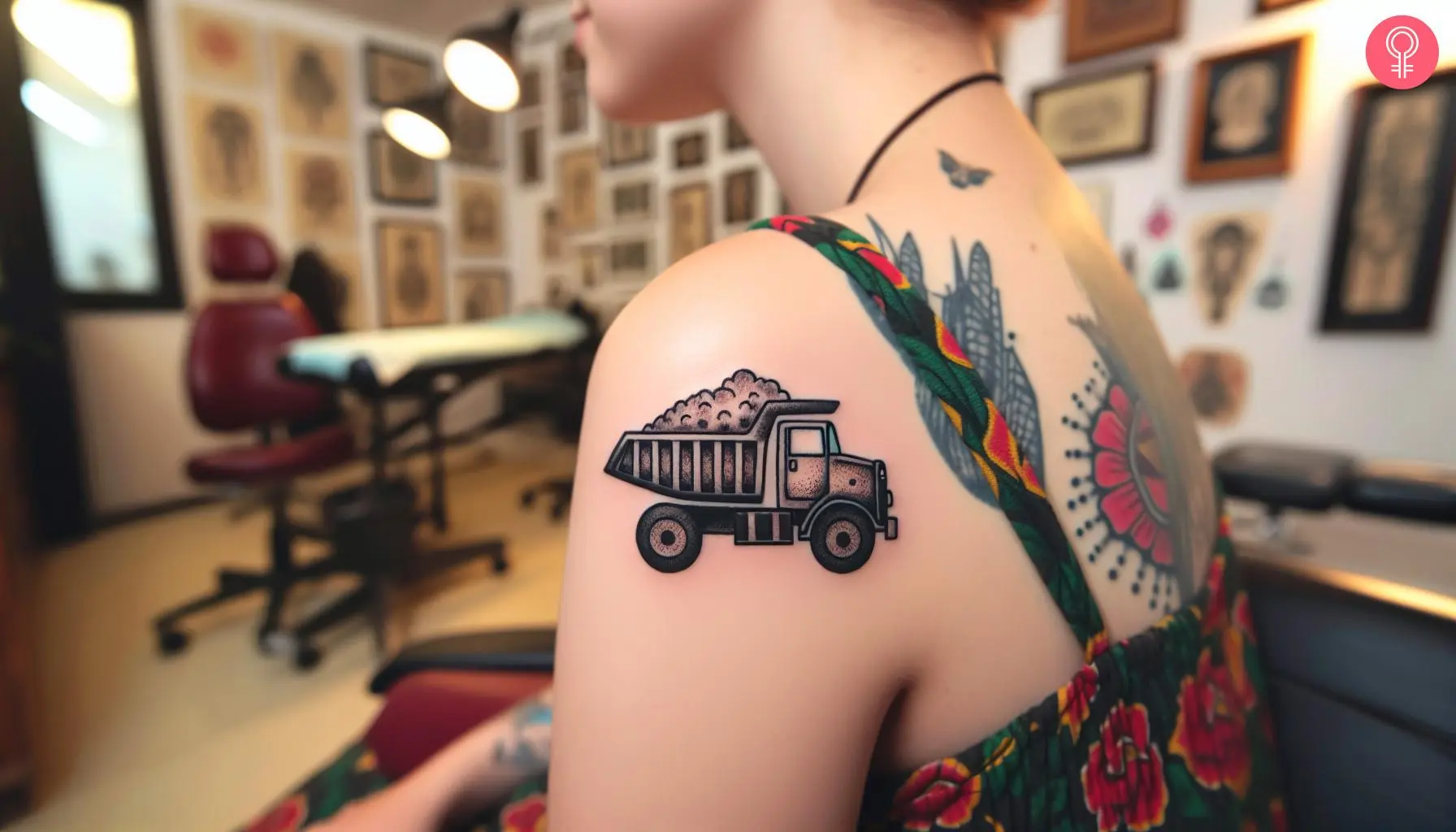 A woman with a minimalist dump truck tattoo on the upper arm