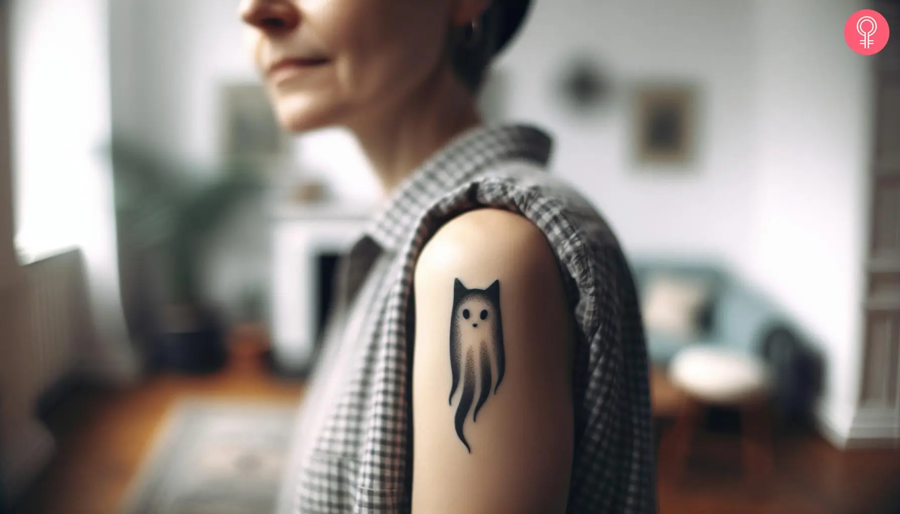 A woman with a minimalist ghost cat tattoo on her upper arm