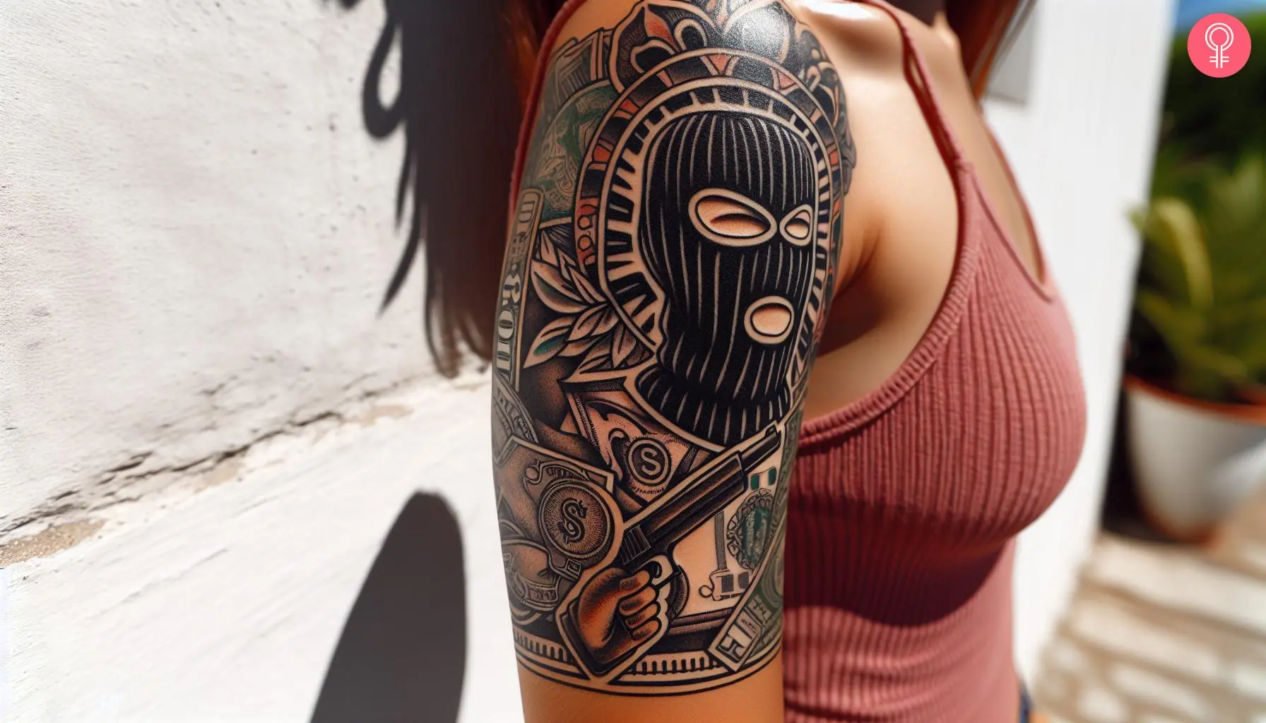 A woman with a money ski mask tattoo on her upper arm