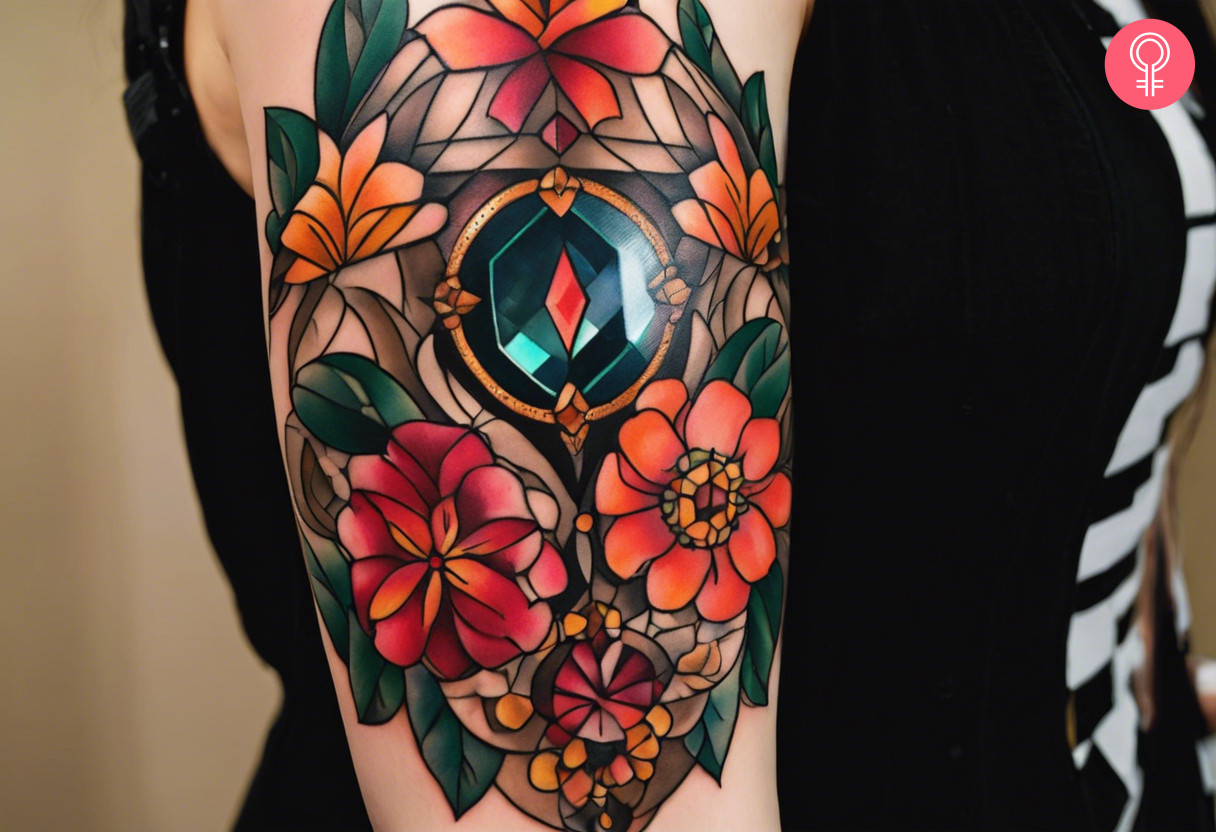 A woman with a neo-traditional jewel tattoo on her bicep