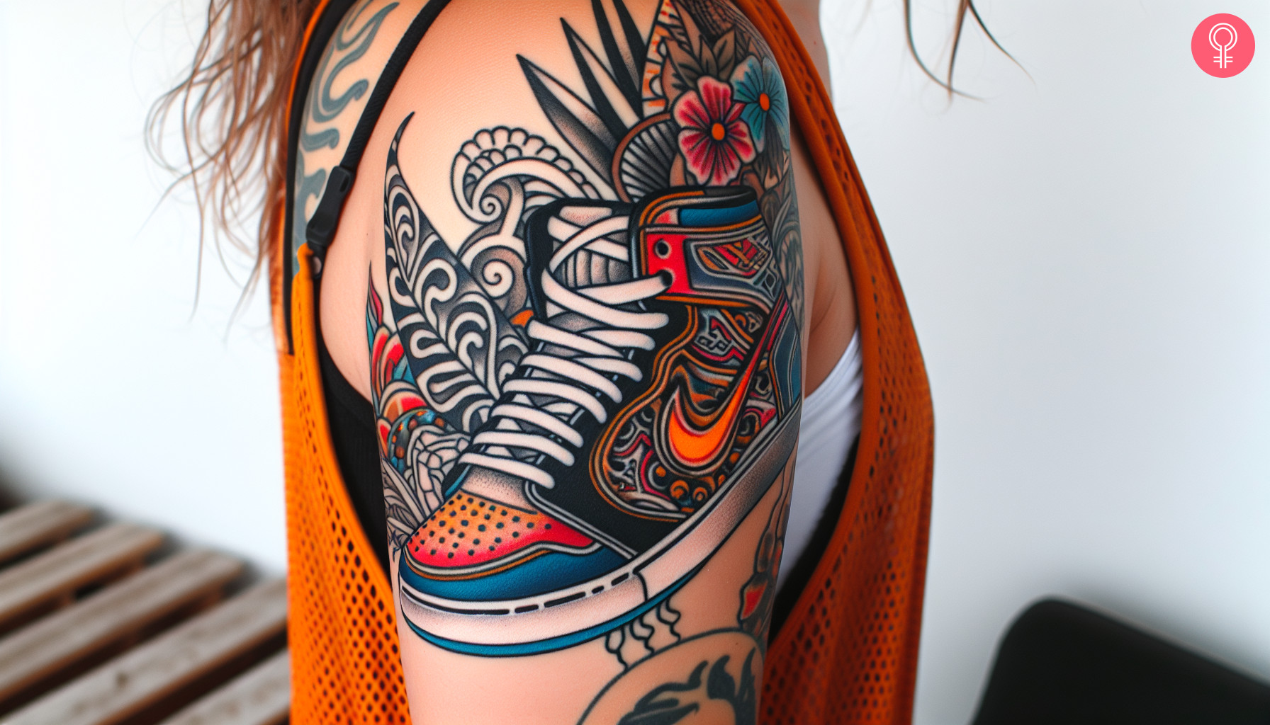 A woman with a nike dunk tattoo on her upper arm