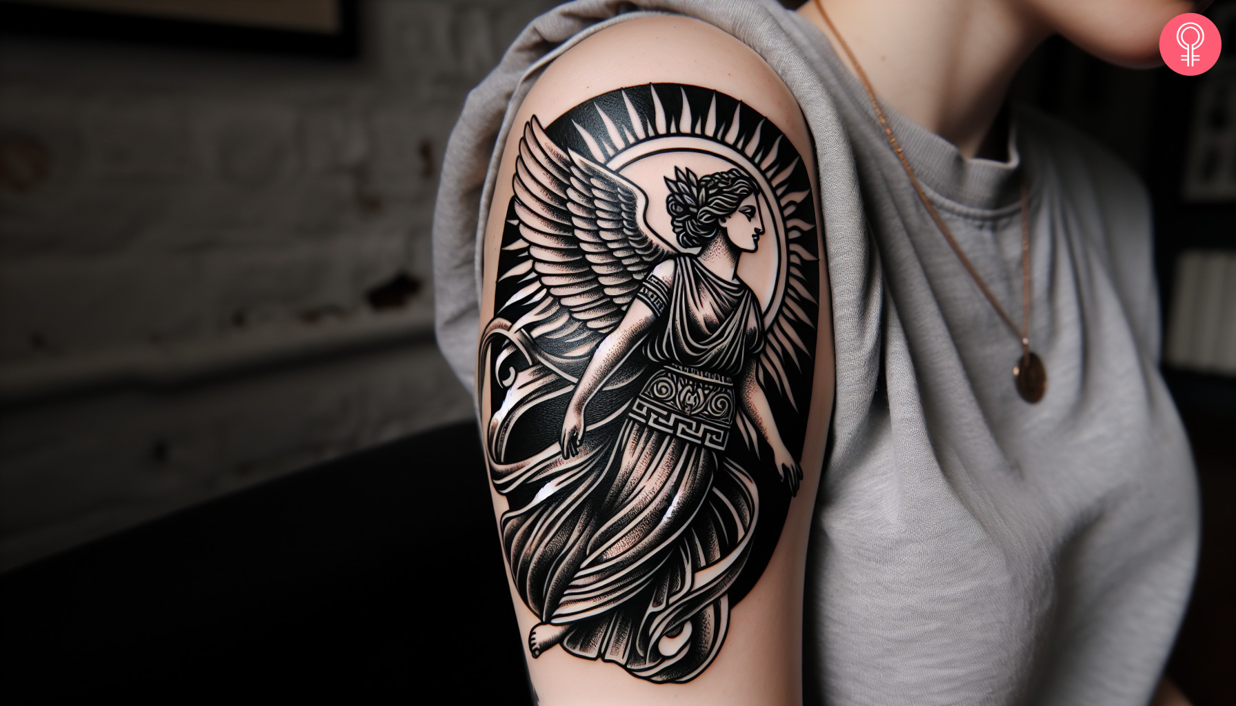 A woman with a nike goddess tattoo on her upper arm