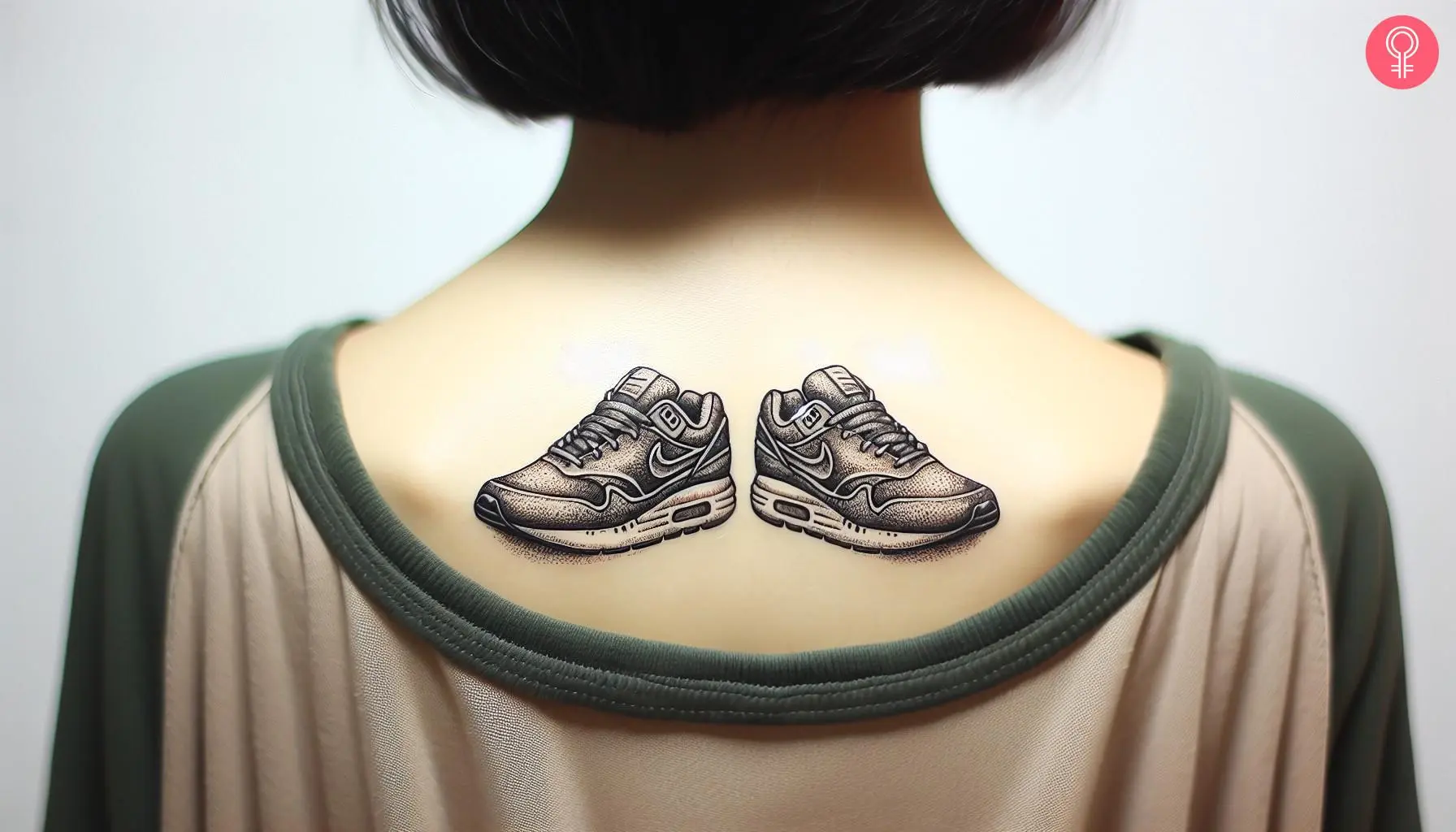 A woman with a nike shoes tattoo on her upper arm