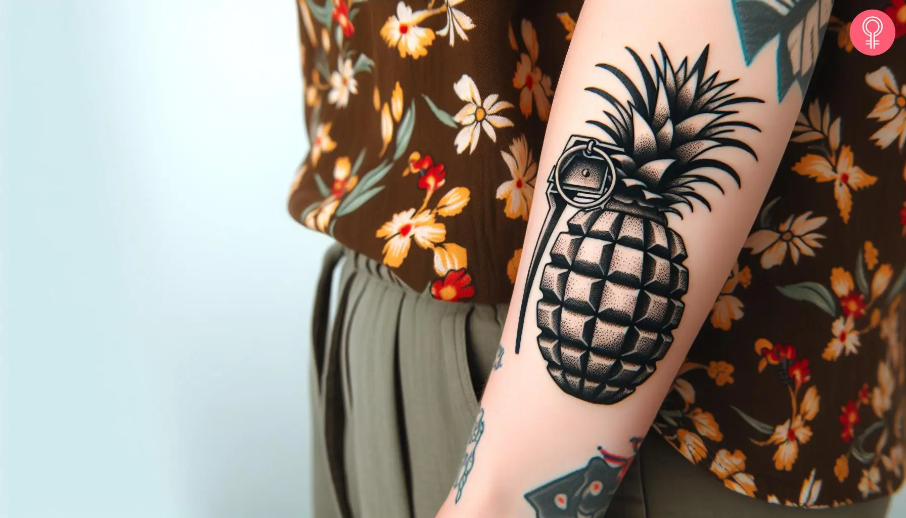 A woman with a pineapple grenade tattoo on her forearm