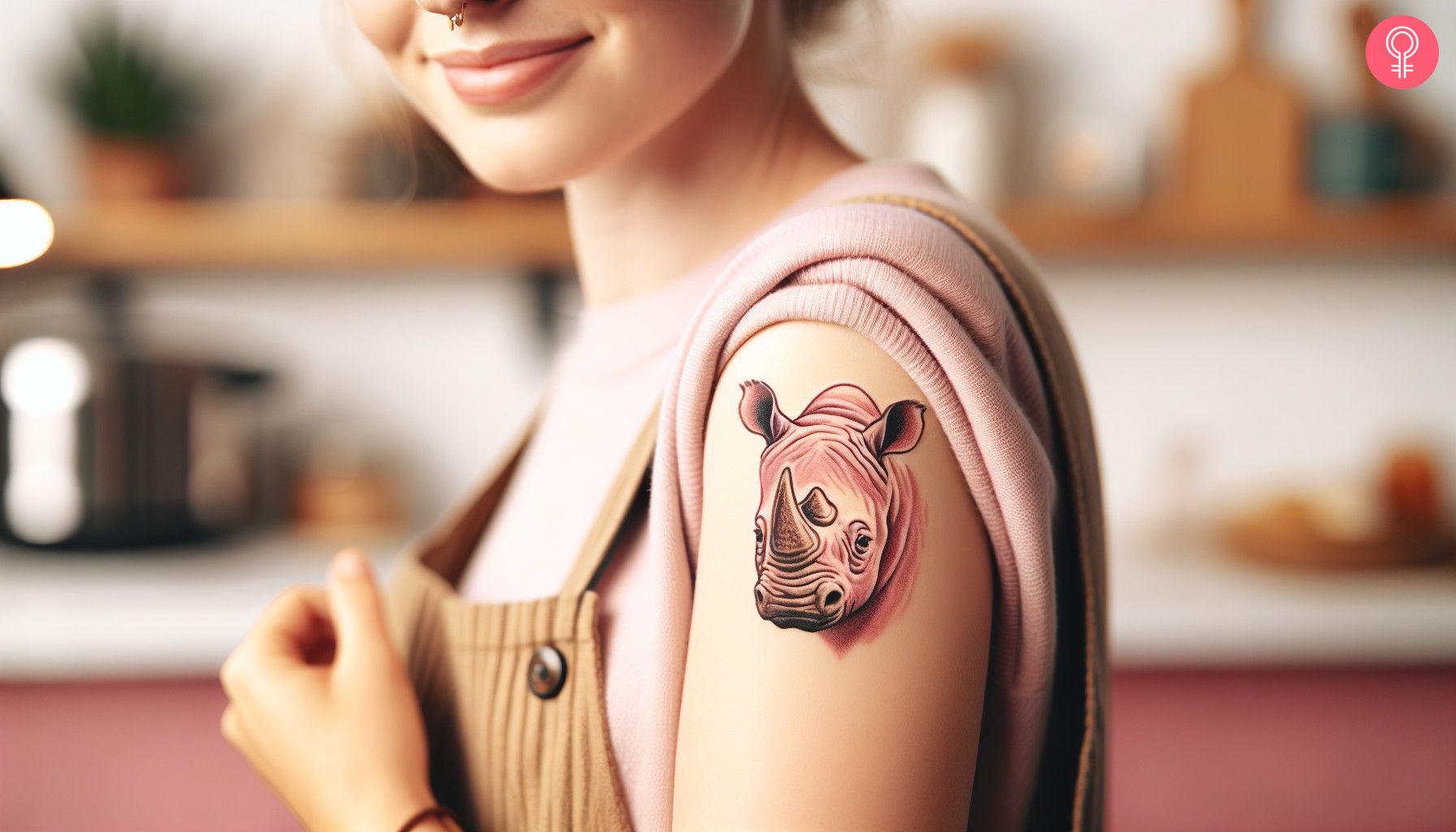 A woman with a pink rhino tattoo on her upper arm