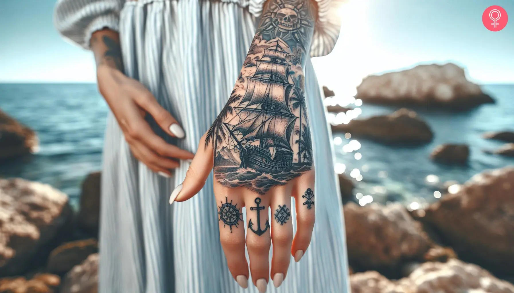 A woman with a pirates of the caribbean hand tattoo