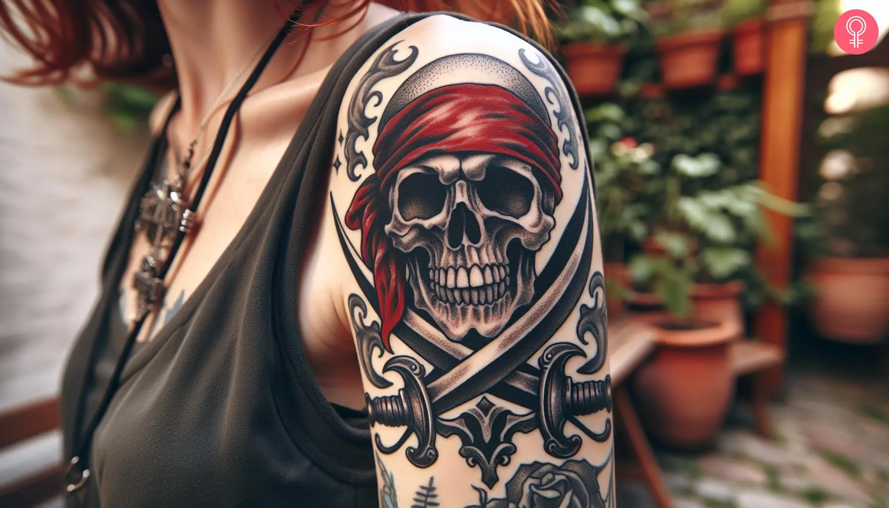 A woman with a pirates of the caribbean skull tattoo on her upper arm