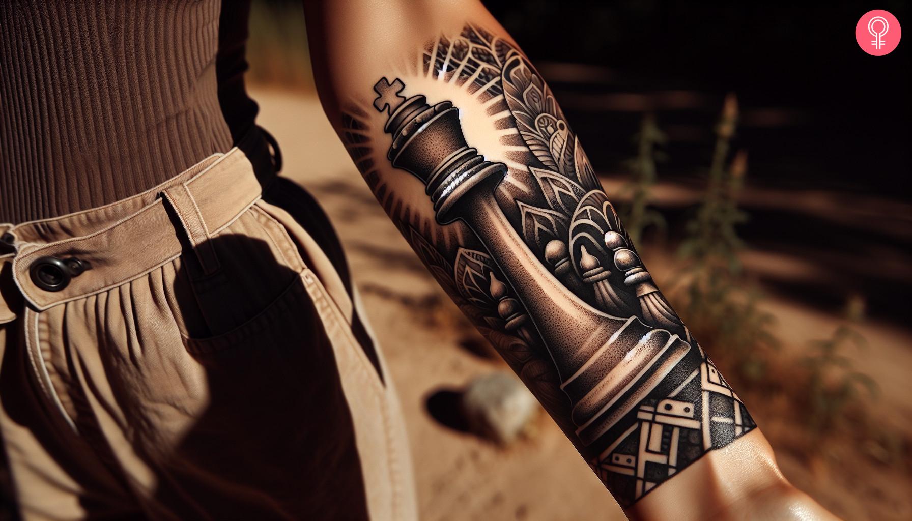 A woman with a queen and a pawn as a chess piece on her forearm