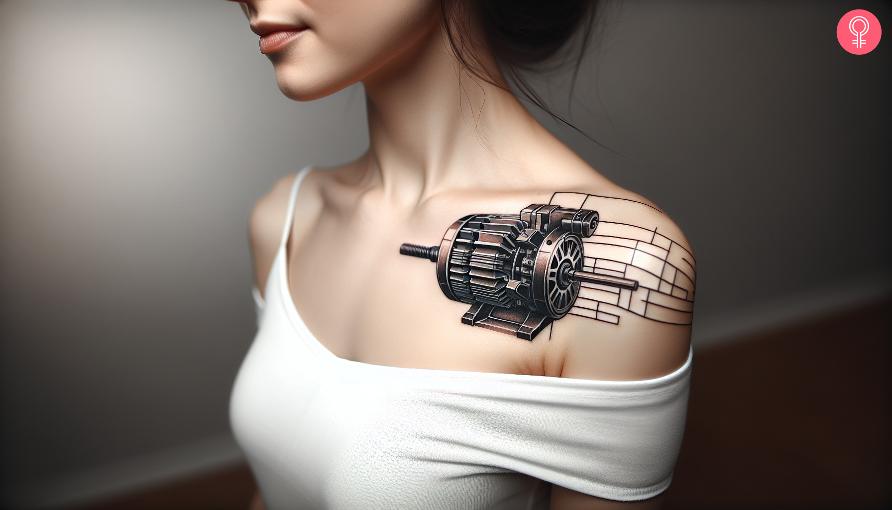 A woman with a realistic motor engineer tattoo on her shoulder