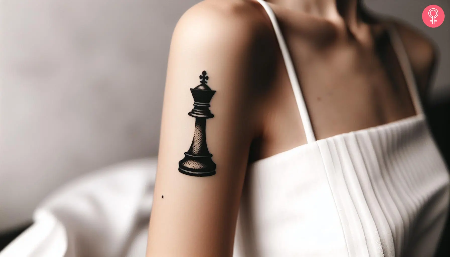 A woman with a realistic queen chess piece tattoo on her upper arm