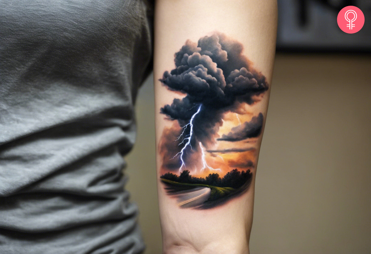 A woman with a realistic thunderstorm tattoo on her arm