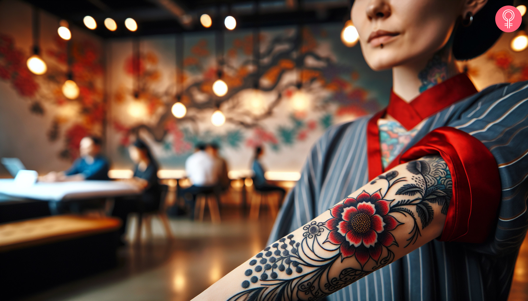 A woman with a red and black Korean flower tattoo on her arm