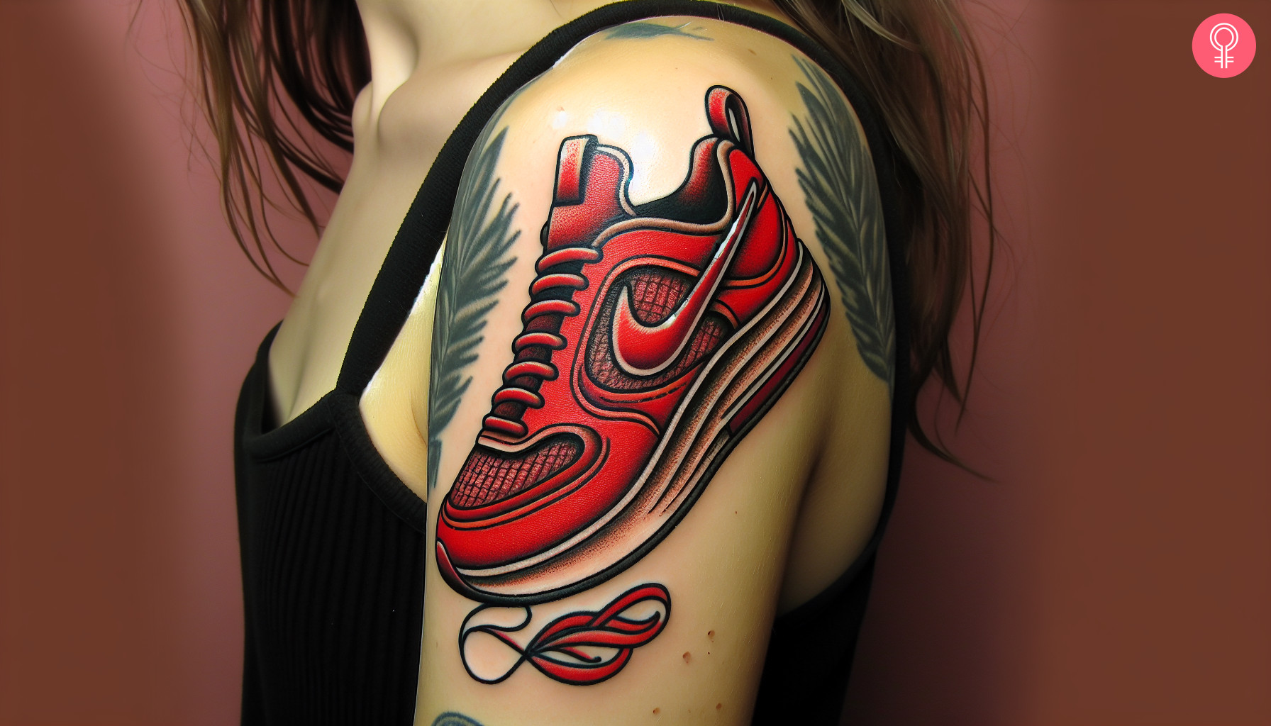 A woman with a red nike tattoo on her upper arm