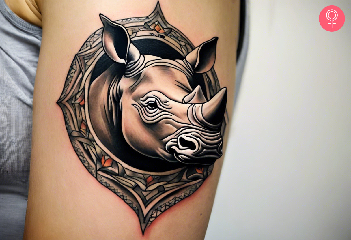 A woman with a rhino head tattoo on her upper arm