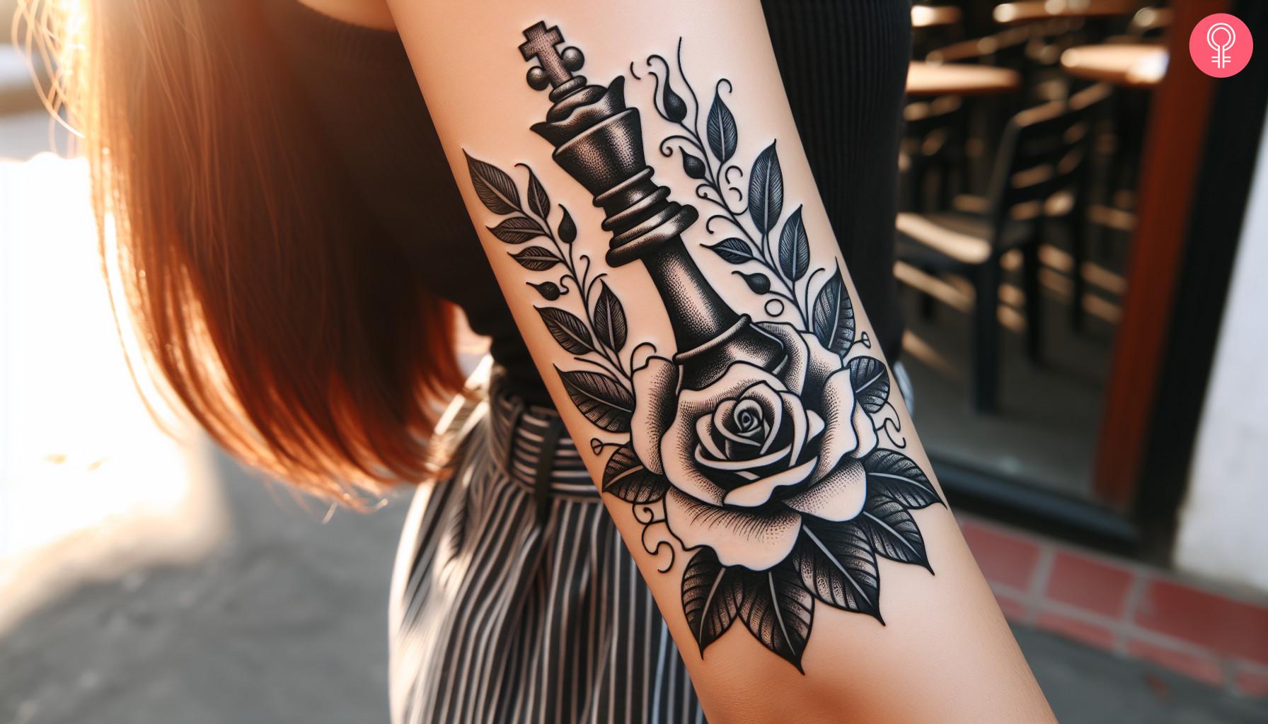 A woman with a rose and a queen chess piece tattoo on her upper arm