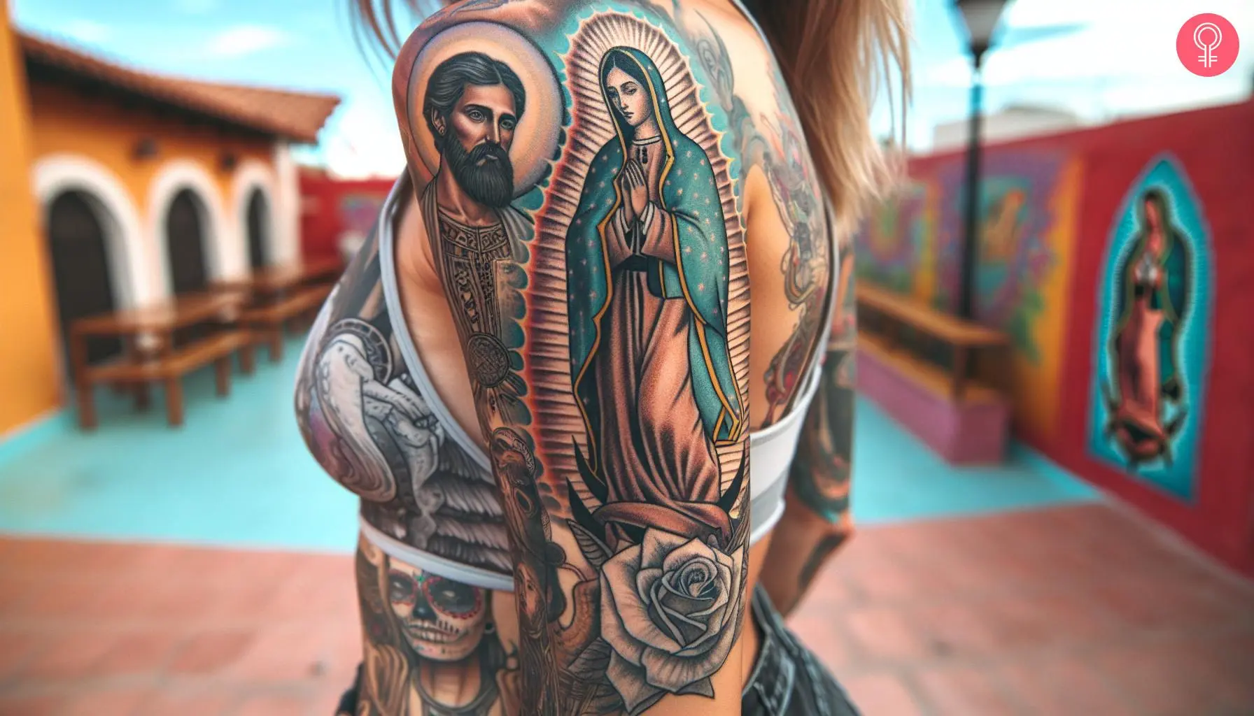 A woman with a san judas and virgen de guadalupe tattoo on her arm