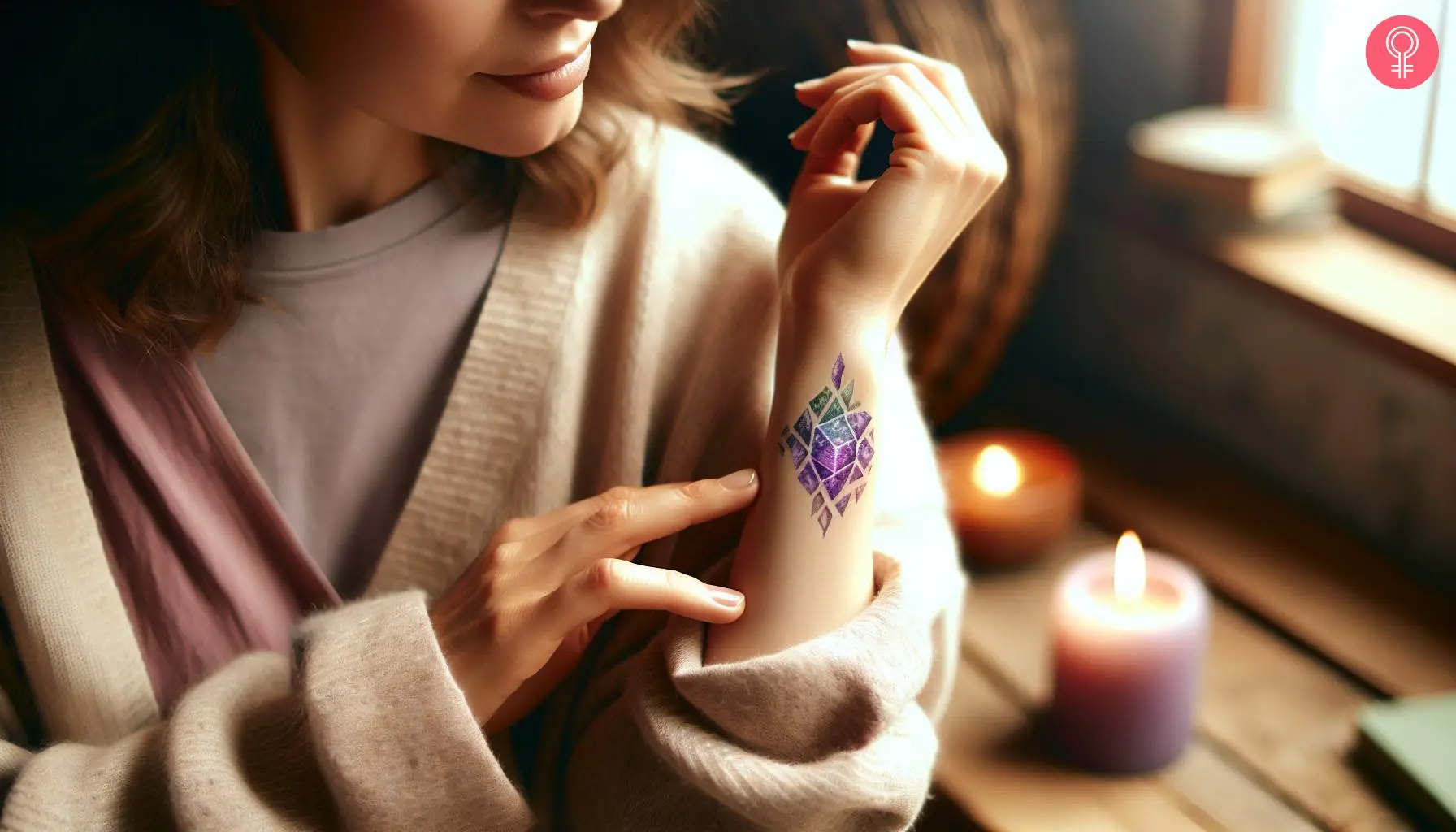 A woman with a shikon jewel tattoo on her wrist