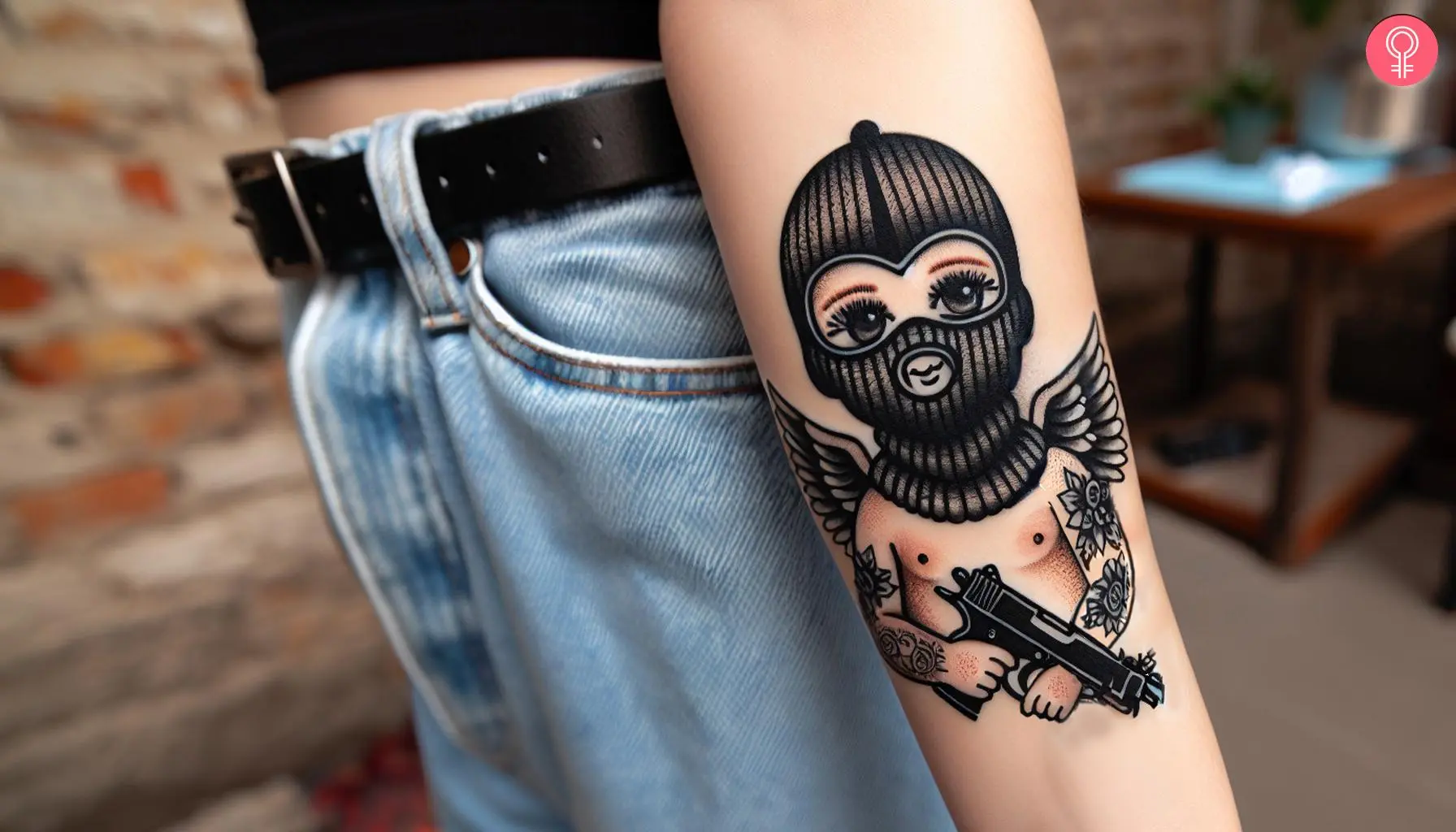 A woman with a ski mask baby angel with a gun tattoo on her forearm