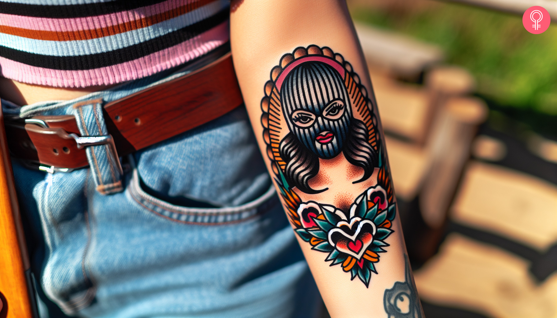 A woman with a ski mask girl tattoo on her lower arm